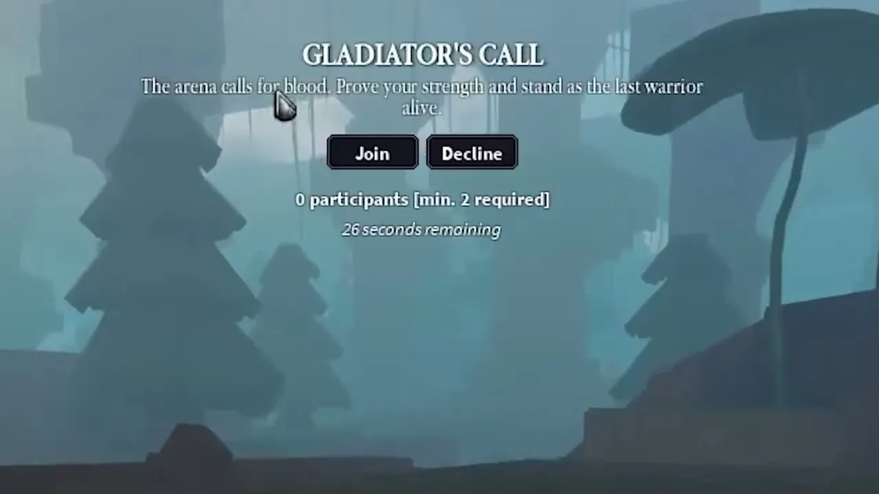Clover RPG Gladiator's Call prompt over a misty forest: Join or Decline, 0 participants with a minimum of 2 required, 26 seconds remaining