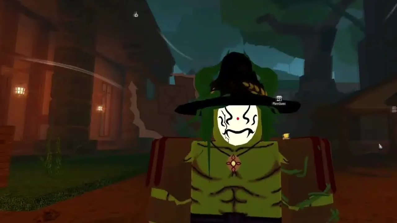 A Roblox mage with a wide black hat and a white masked face stands on a dirt road in Kamo Village at dusk, next to a Merchant marker