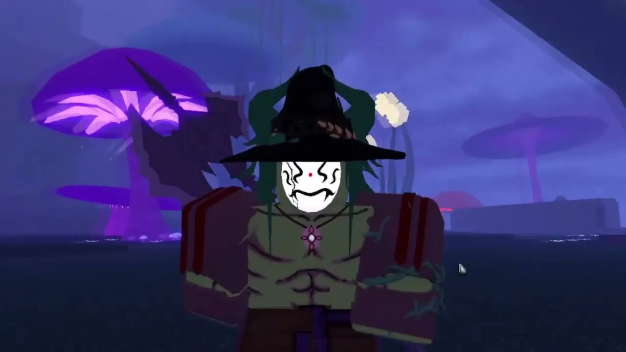 The same masked mage in front of giant glowing purple mushrooms by a lake in the Mushroom Region at night
