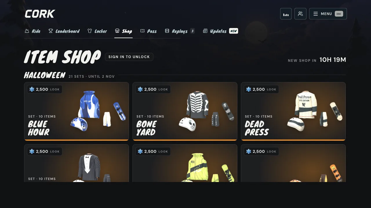 Cork7 Item Shop with the Halloween collection of 21 ten-item sets until Nov 2, such as the Blue Hour, Bone Yard and Dead Press looks for 2,500 POW