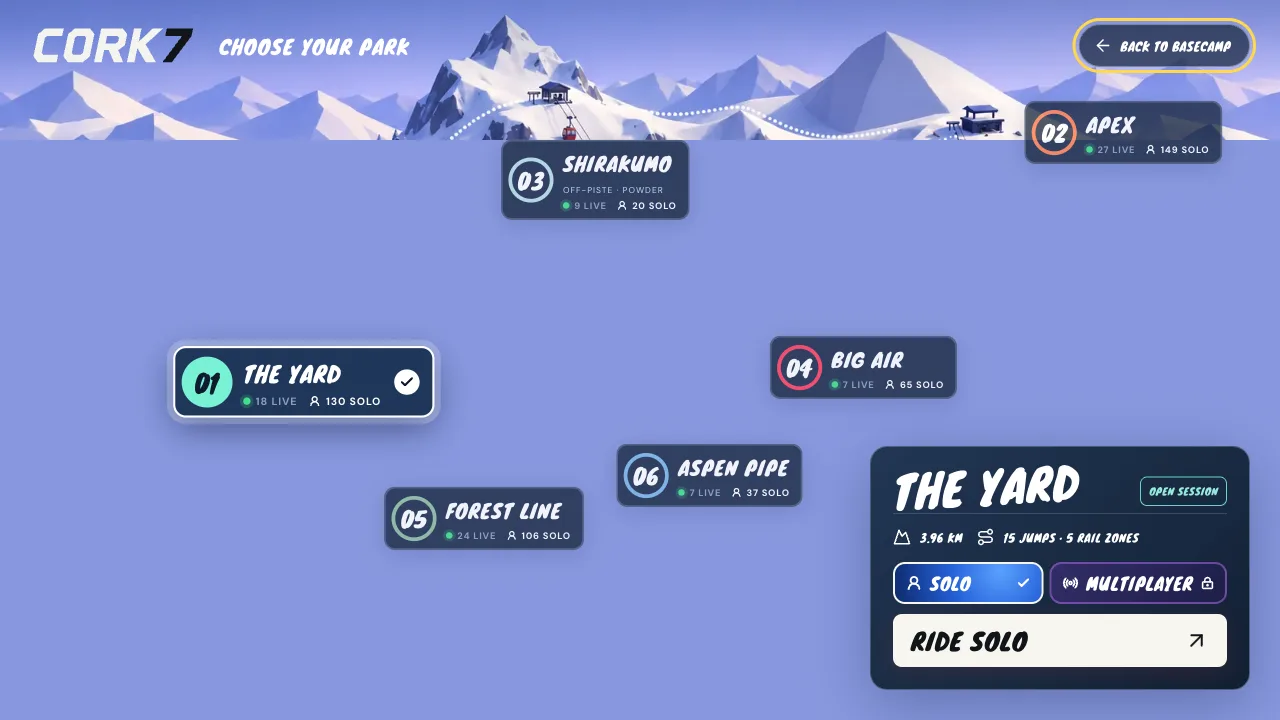 Cork7 Choose your park map with six parks: The Yard, APEX, SHIRAKUMO, BIG AIR, FOREST LINE and ASPEN PIPE, and The Yard selected at 3.96 km with 15 jumps and 5 rail zones
