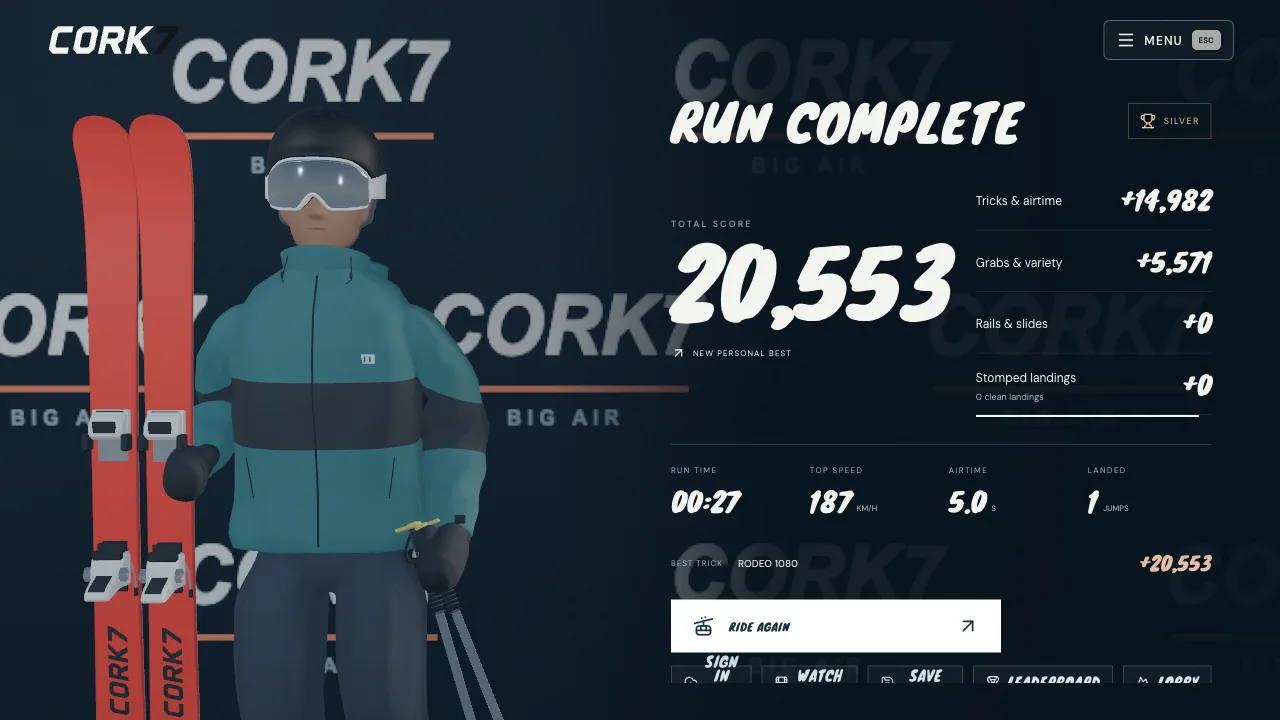 Cork7 Run complete screen on Big Air: 20,553 total score split into tricks and airtime, grabs and variety, rails and stomped landings, with 187 km/h top speed, 5.0 s airtime and best trick Rodeo 1080