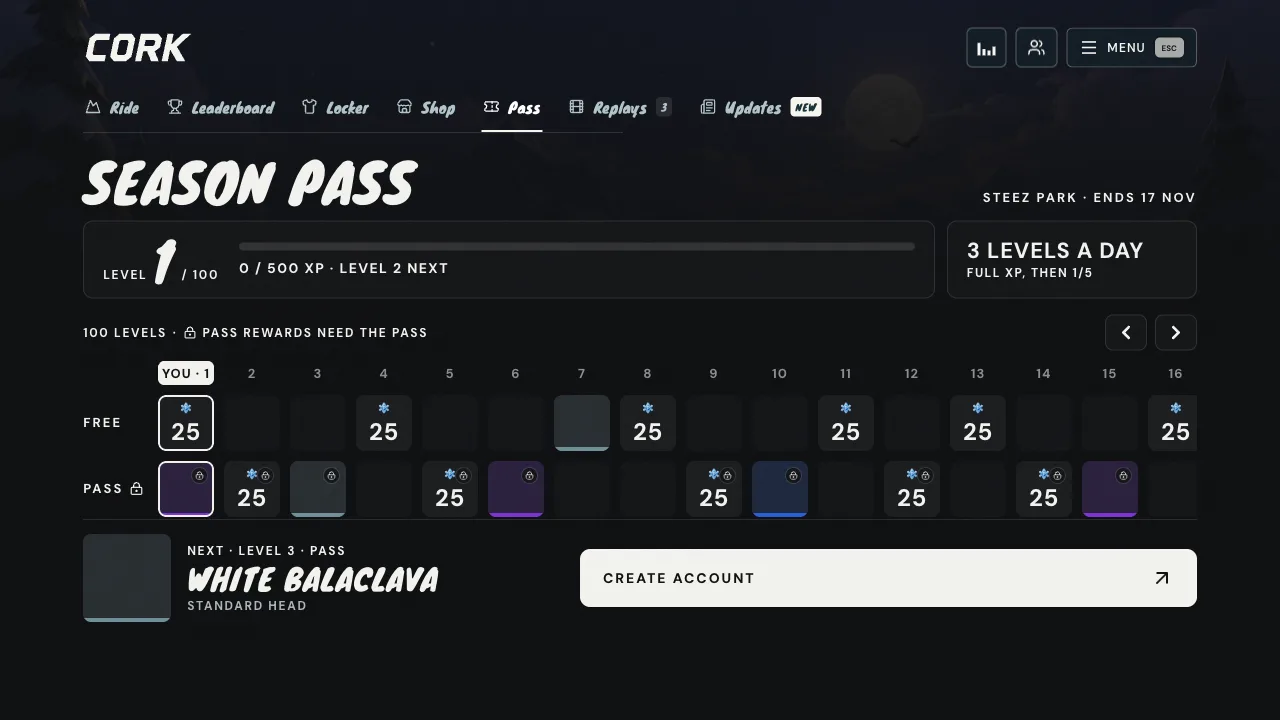 Cork7 Season Pass screen for Steez Park: level 1 of 100, 500 XP per level, 3 levels a day at full XP, and free and pass reward tracks with 25 POW tiles