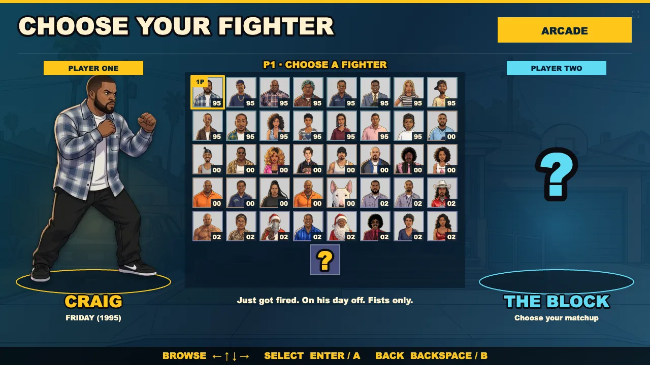 Friday Fighters Choose your fighter screen: a grid of 40 portraits tagged 95, 00 and 02 by film, a random button, and Craig from Friday (1995) selected