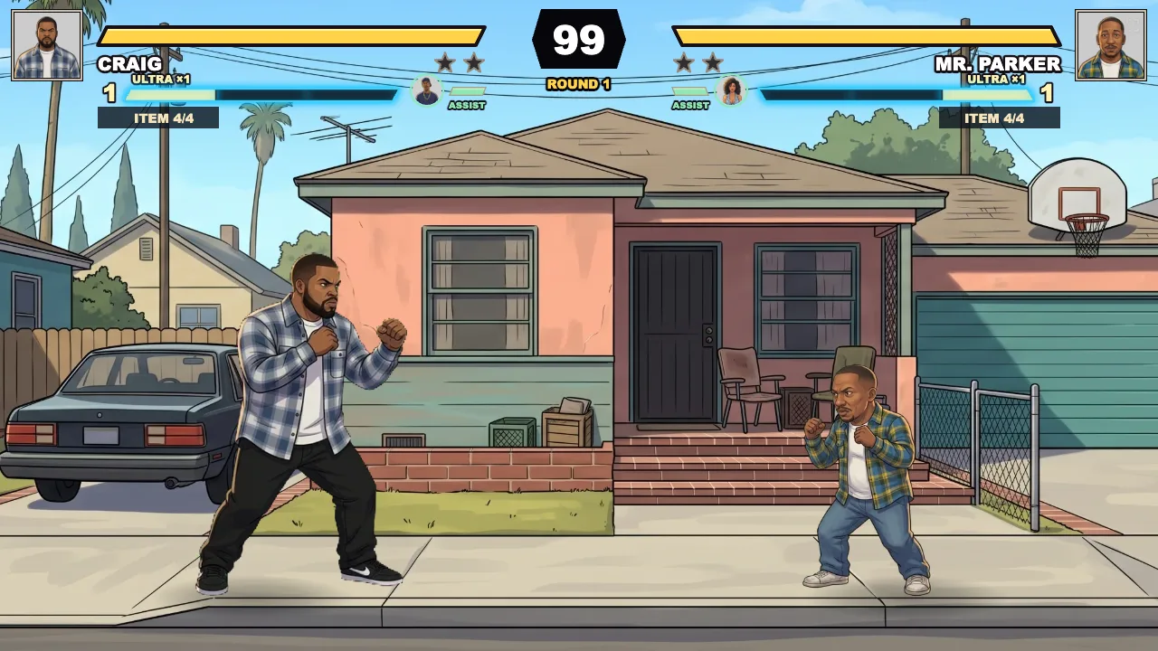 Friday Fighters round 1 start: Craig against Mr. Parker on The Block, with health bars, ULTRA x1, one bar of meter, ITEM 4/4 and the 99 timer