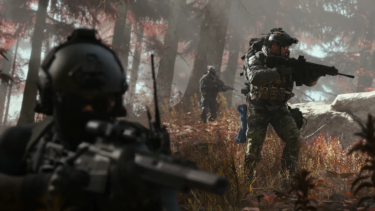 A helmeted squad advancing through a red-leaved forest with rifles raised