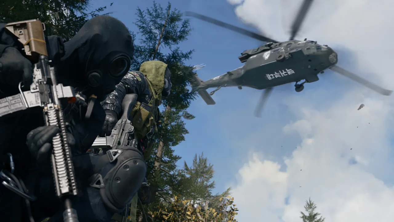 Operators in gas masks and helmets in a pine forest as a military helicopter passes overhead