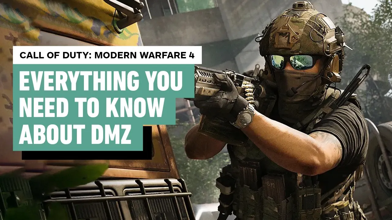 IGN video cover: an operator in a helmet and mirrored sunglasses aiming a rifle, with the text Everything you need to know about DMZ