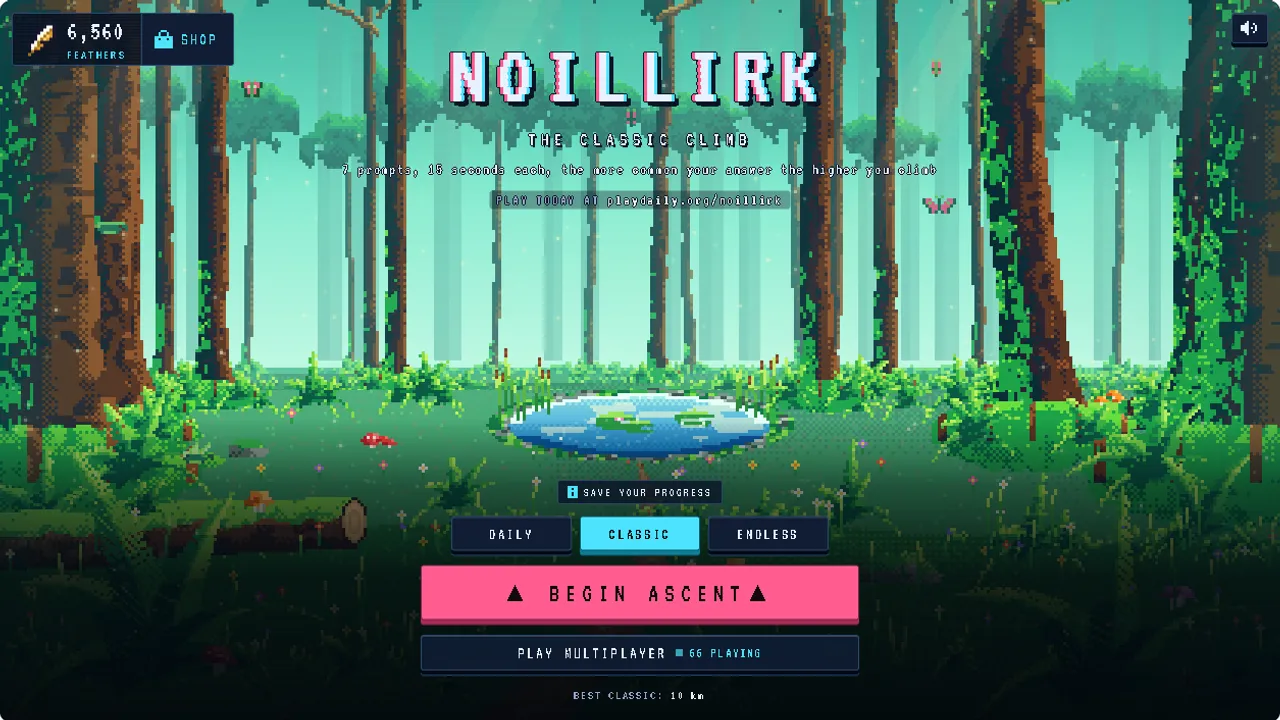Noillirk start screen in a pixel-art forest: The Classic Climb, Daily, Classic and Endless buttons, Begin Ascent, Play Multiplayer and a feather counter with a Shop button
