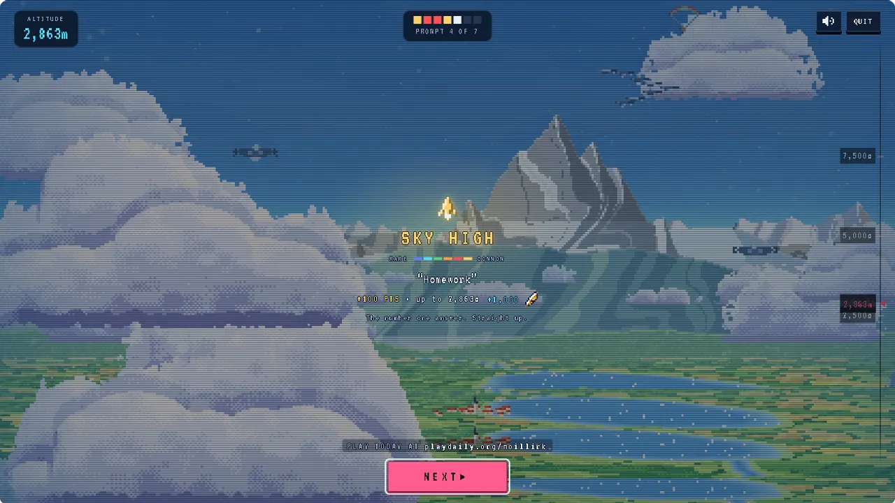 Noillirk Sky High result for the answer Homework: +100 points, altitude 2,863 m among clouds and mountains, prompt 4 of 7