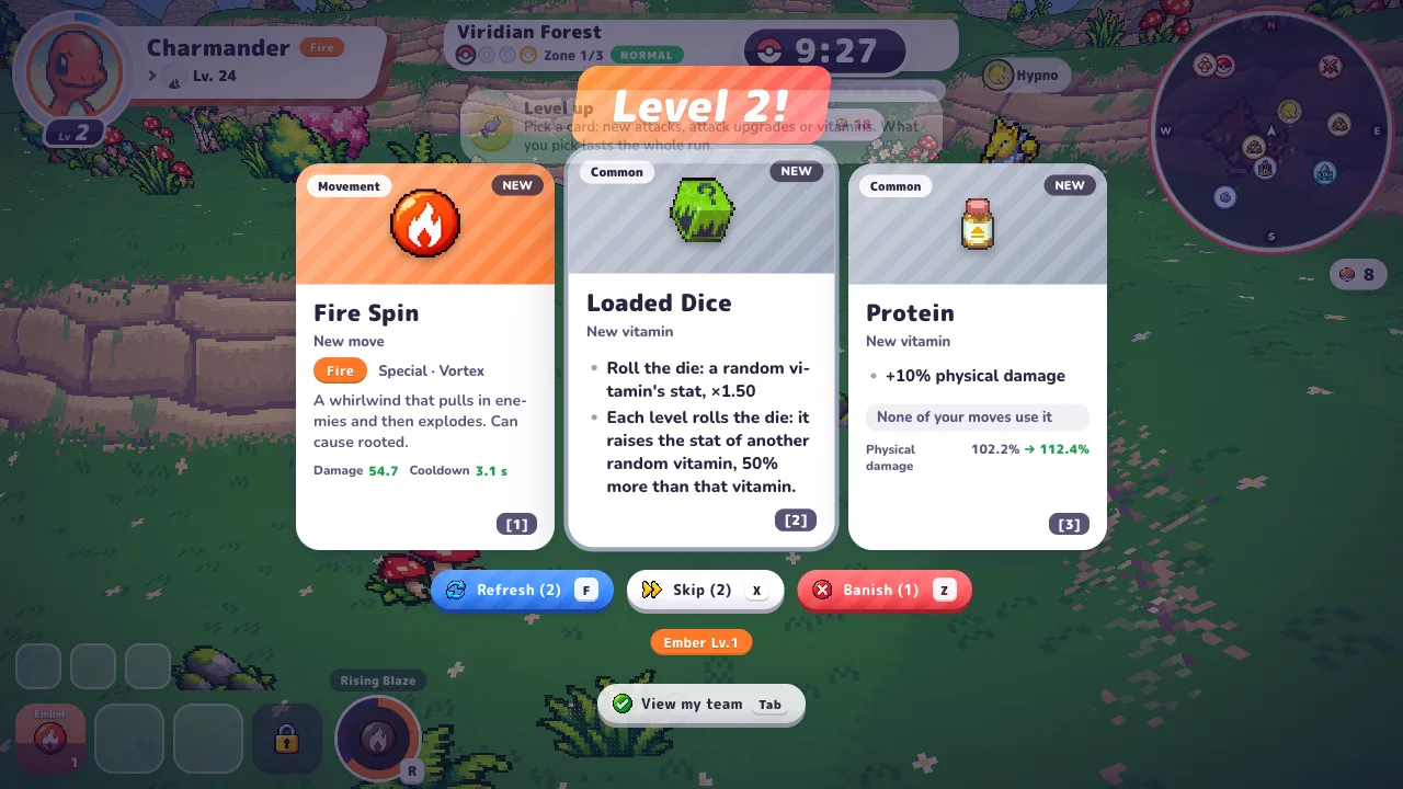 PokéBonk Level 2 card choice: Fire Spin new move, Loaded Dice and Protein vitamins, with Refresh, Skip and Banish buttons