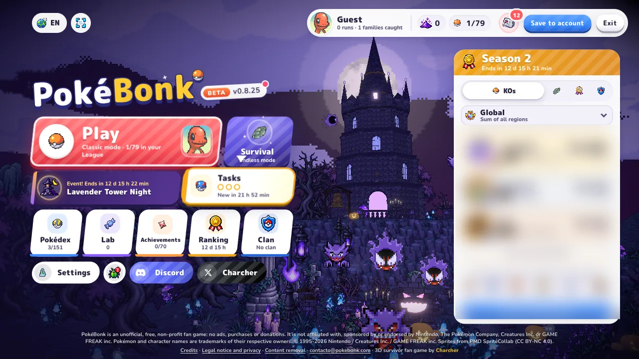 PokéBonk main menu with Play, Survival, the Lavender Tower Night event, Tasks, Pokédex, Lab, Achievements, Ranking and Clan