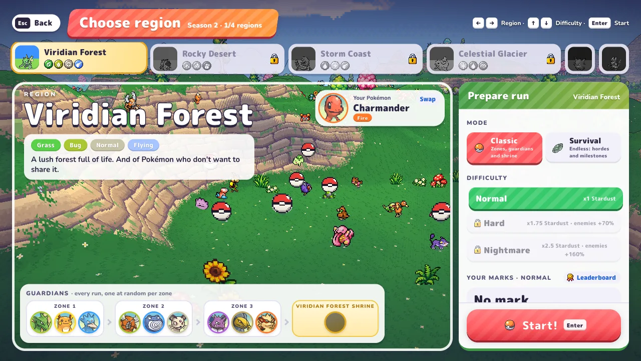 PokéBonk Choose region screen: Viridian Forest open, three locked regions, guardians per zone and Normal, Hard and Nightmare difficulty