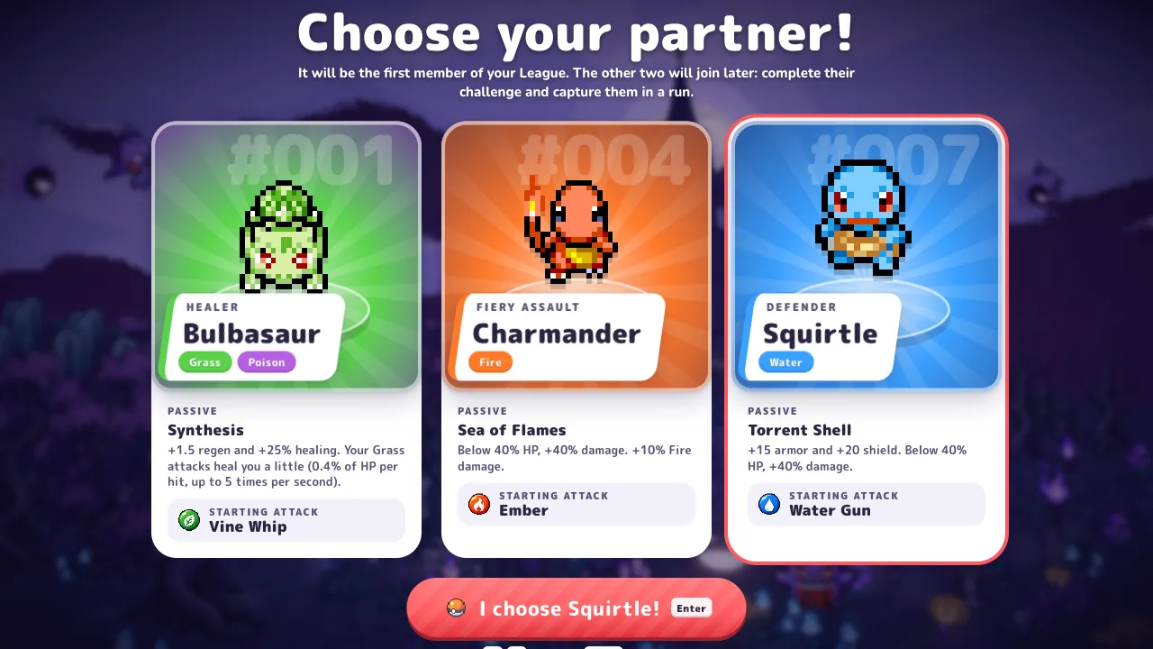 PokéBonk Choose your partner screen with Bulbasaur, Charmander and Squirtle cards showing each passive and starting attack