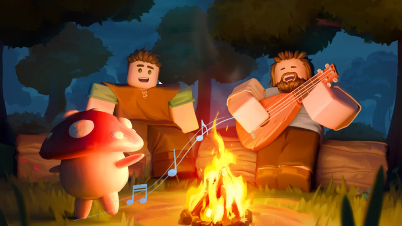 Two Roblox avatars sit by a campfire in a night forest, one strumming a lute, while a red-capped Scroom dances to the music