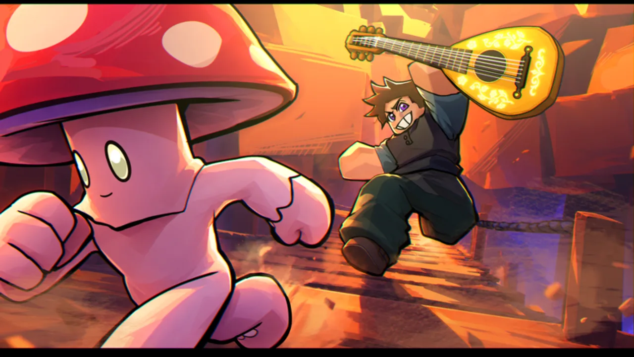 Cartoon art of a grinning Roblox avatar holding a golden lute overhead as he chases a red mushroom Scroom down a wooden bridge