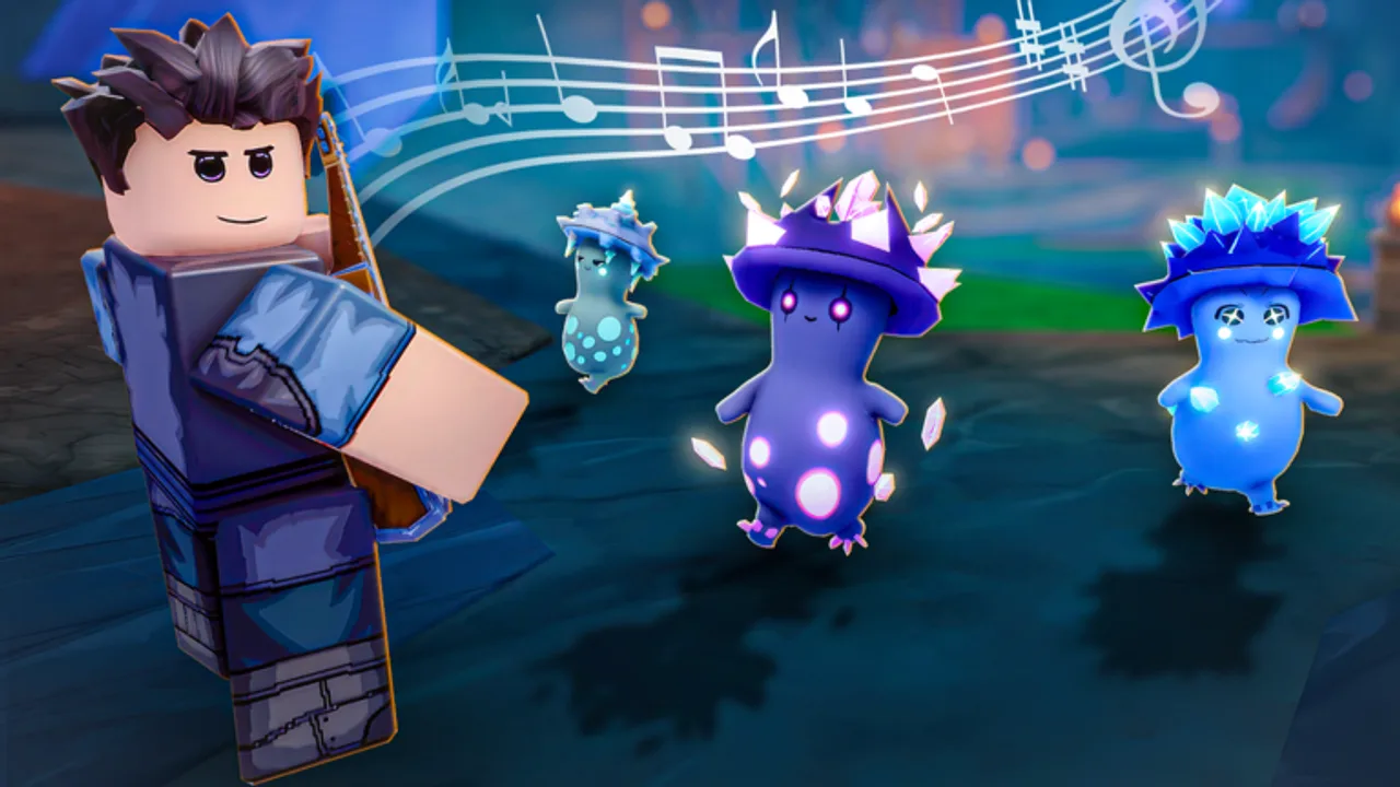 A Roblox avatar with a cello on his back walks past three blue and purple crystal-capped Scrooms as music notes float above them