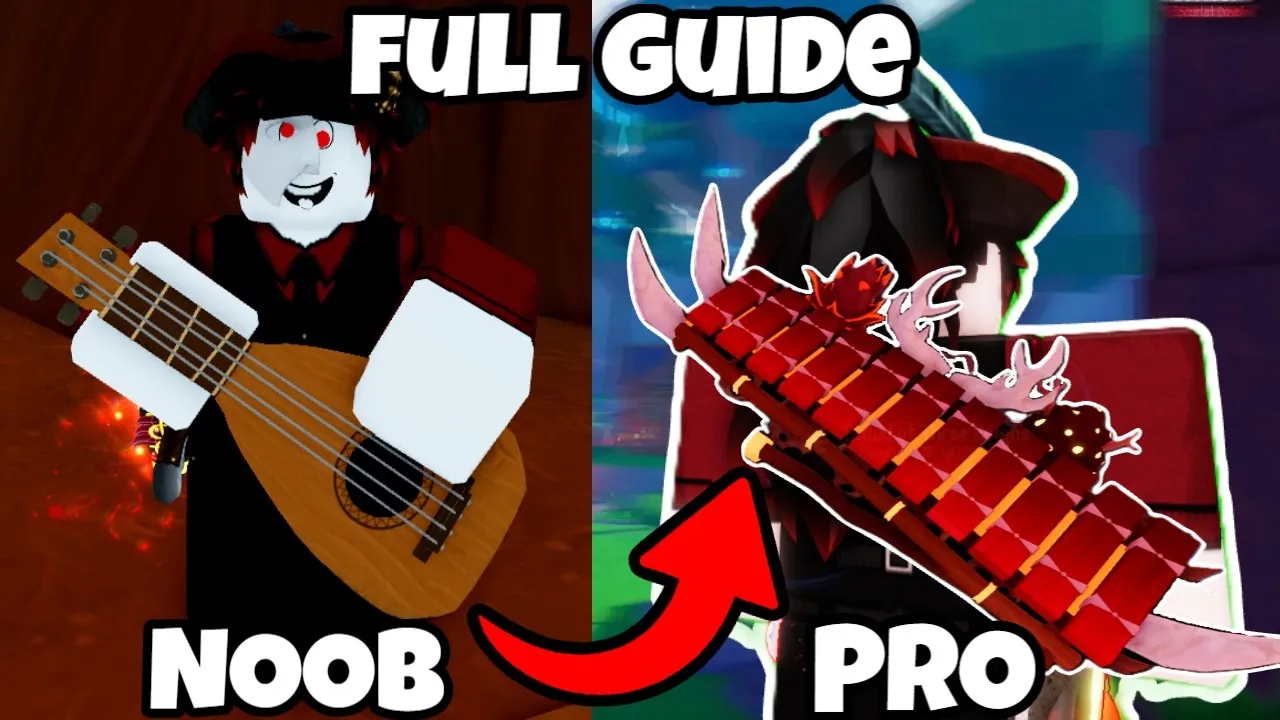 Beebzs video cover: a player holding a plain lute labelled NOOB and a red horned marimba labelled PRO under the words FULL GUIDE