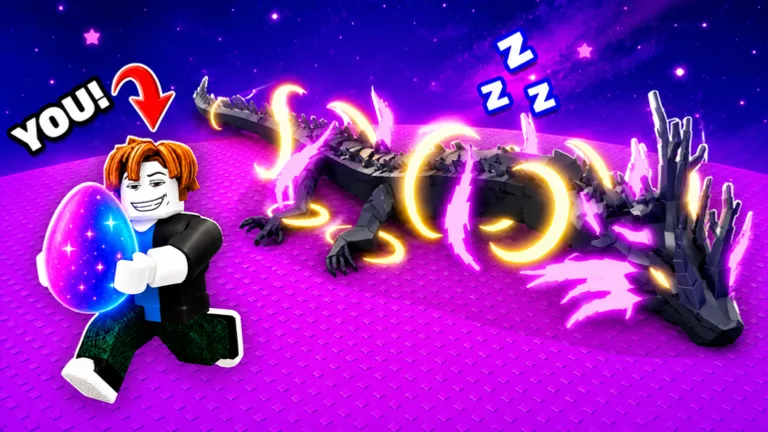 An avatar sneaks a sparkling purple egg past a sleeping black and purple dragon on a starry purple floor