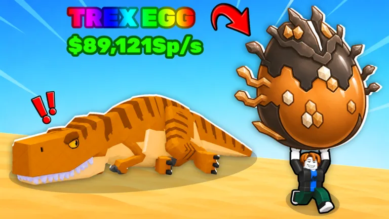 A Roblox avatar lifts a spiky brown T-Rex egg above a T-Rex lying in the desert, with a rainbow TREX EGG label and an income figure