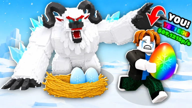 A horned white yeti guards a nest of blue snowflake eggs while a crying avatar runs away with a rainbow Yeti Egg